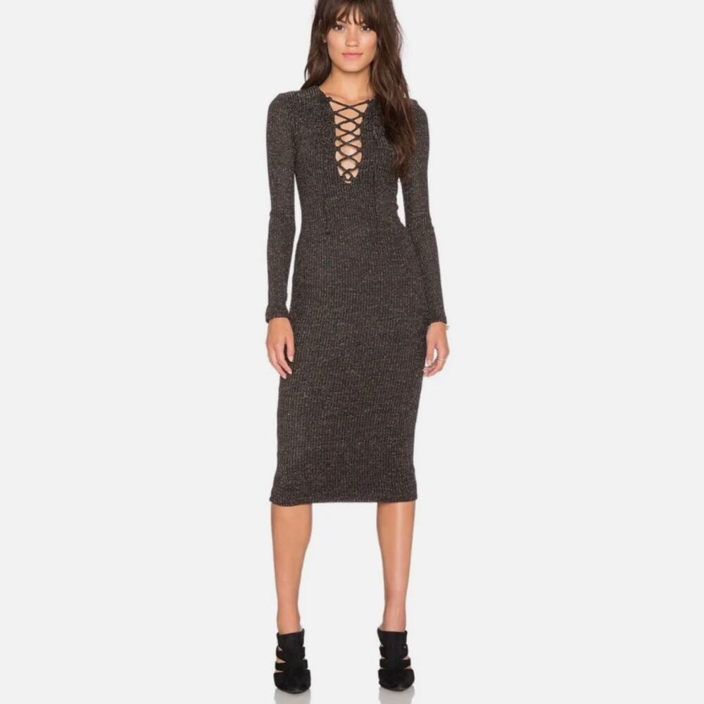 Bardot Romeo Lace Up Dress in Black and Gold midi‎ sz 8